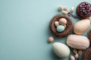 Easter themed design featuring elegant eggs cakes and nests on a mint backdrop Top view flat lay ample space for text