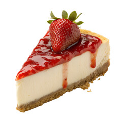 A creamy slice of delicious strawberry cheesecake, complete with luscious red topping, is perfectly isolated on a clean transparent background.