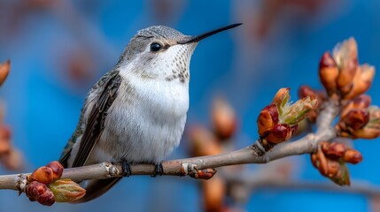 A beautiful hummingbird perches delicately on a budding branch against a vibrant, soft blue background.