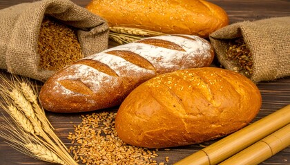 A classic rustic assortment of freshly baked artisan bread loaves, surrounded by wheat grains and stalks on a dark wooden surface