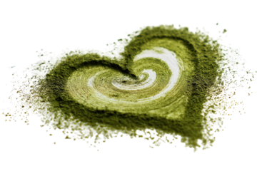 A heart-shaped swirl of light olive-green powder, with a textured edge and radiating spiral design
