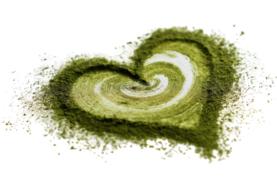A heart-shaped swirl of light olive-green powder, with a textured edge and radiating spiral design