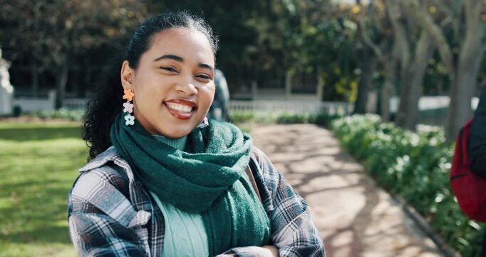 Smile, arms crossed and face of student in park for university, scholarship or studying. Happy, portrait and confident woman outdoor for college, education and campus for knowledge or development