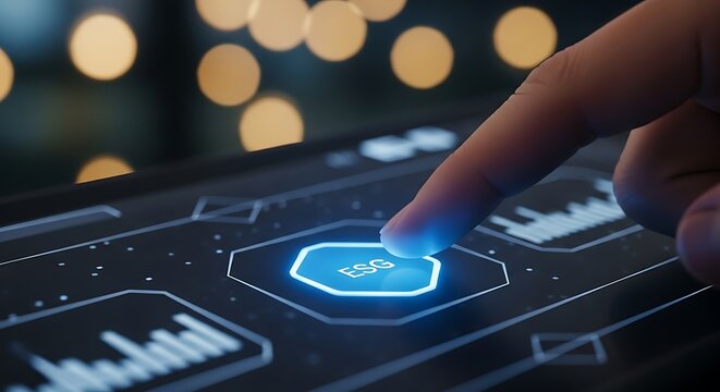 Finger presses glowing ESG button on futuristic digital interface
