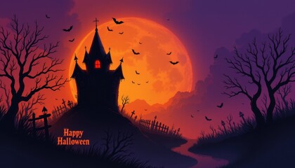 abstract halloween poster emphasizing jagged black shadows, subtle orange glow, soft purple haze, minimal layout conveying eerie thematic story.