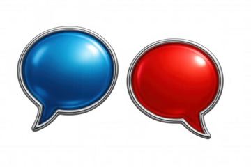 Glossy red and blue speech bubbles floating against transparent background, representing dynamic communication visual
