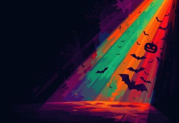halloween poster with orange purple green lighting casting angular black shadows, layered composition, subtle gradients, creating depth and spooky abstract feel.