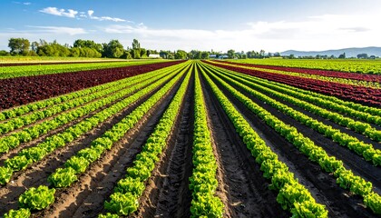 Rows of lettuce in a field under a partly cloudy sky