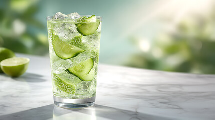 Refreshing cucumber and lime infused sparkling water with ice cubes in a clear glass on a marble surface in a bright, airy setting.