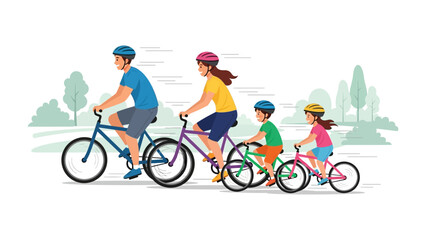Fototapeta premium Family Cycling Adventure: A family of four enjoys a sunny day out, riding their bicycles in a picturesque outdoor setting, creating lasting memories together.