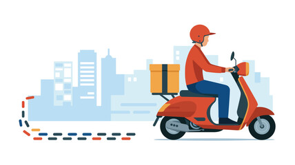 Delivery man on scooter with package in city background illustration vector art design concept image