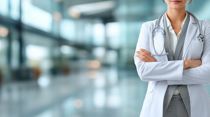 female doctor in white coat over formal suit, blurred modern hospital interior