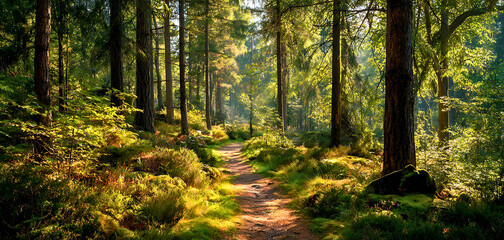 Fototapeta premium Sunlight filters through tall trees onto a winding path in a lush green forest