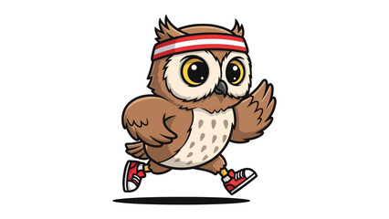 Owl's Fitness Journey: A vibrant cartoon of an owl running, adorned with a headband and sneakers, embodying energy and active lifestyle