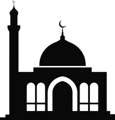 Mosque silhouette cartoon, Islamic architecture icon, crescent dome, minaret structure, religious landmark, sacred building, cultural heritage, worship site, black vector, spiritual design