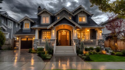 Fototapeta premium A beautiful craftsman style home glows warmly under a dramatically cloudy sky at twilight after the rain.