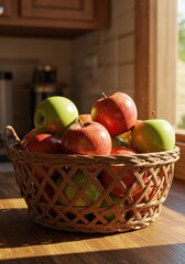 Red and Green Apples in a Wicker Basket on Wooden Countertop