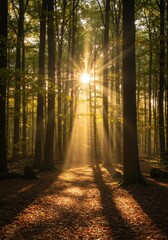 Sunbeams in Autumn Forest: Golden Light Through Trees