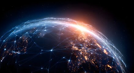 Global International Connectivity Background. Connecion lines Around Earth Gloe, Blockchain network concpt. Futuristic Technology heme Background with LightEffect.