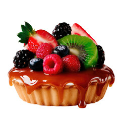 Delicious caramel dessert with fresh berries and kiwi on a pastry crust with glossy finish and vibrant colors