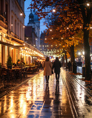 Obraz premium Street with warm lights and cafes in autumn evening, people walking in coats, reflections on wet pavement, cozy cinematic cityscape photo
