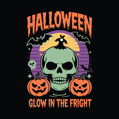 Halloween skull and pumpkin illustration with the phrase "Glow in the Fright".