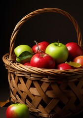 Red And Green Apples In A Brown Wicker Basket
