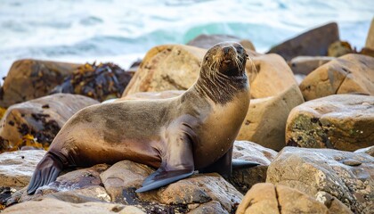 león marino descansando sobre unas rocas húmedas en la orilla del mar. Estilo fotografía documental de vida salvaje, enfoque nítido en el animal con todos sus detalles: piel brillante y húmeda.