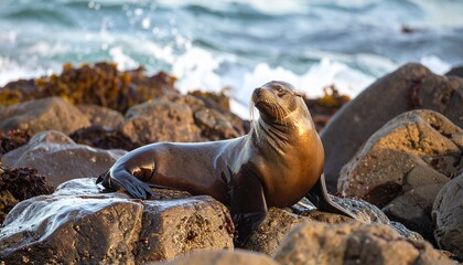 Fototapeta premium león marino descansando sobre unas rocas húmedas en la orilla del mar. Estilo fotografía documental de vida salvaje, enfoque nítido en el animal con todos sus detalles: piel brillante y húmeda.