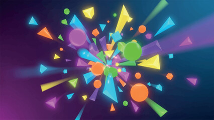 Explosion of colorful geometric shapes and spheres against a dark background, abstract digital art