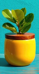 Vibrant yellow pot with fiddle-leaf fig