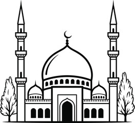 Mosque silhouette illustration, Islamic architecture, central dome, crescent minarets, symmetrical design, religious landmark, cultural heritage, black and white art, sacred building, spiritual icon