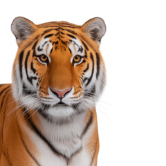 Majestic Tiger with Striking Orange Fur and Intense Gaze Against a White Background
