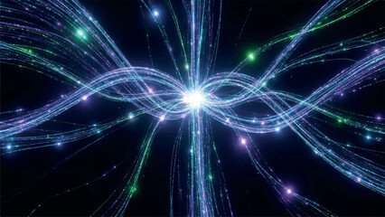 Abstract visualization of glowing blue and green light trails emanating from a bright central point against a dark background