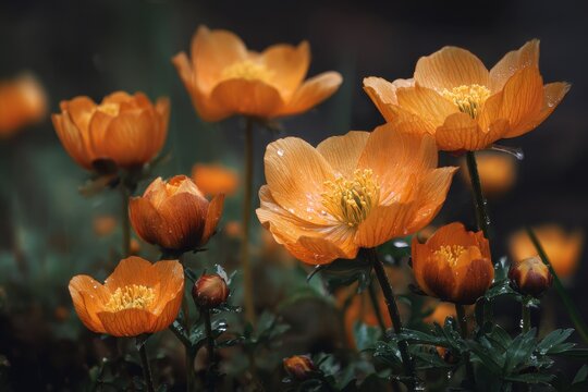 Delicate orange blooms of Trollius asiaticus in a spring meadow of southern Siberia Khakassia
