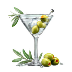 Elegant martini glass with three green olives and ice, surrounded by fresh olive leaves on a white background