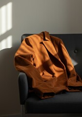 Brown Jacket on Gray Sofa in Sunlight