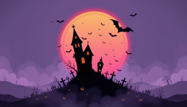 abstract minimal halloween artwork with sparse angular black silhouettes, soft orange glow, faint purple gradients, large negative space creating eerie mood.