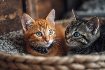 Cats engaging in play relaxing at home family of pets playing with collars and toys hiding and seeking and lounging in the litter box
