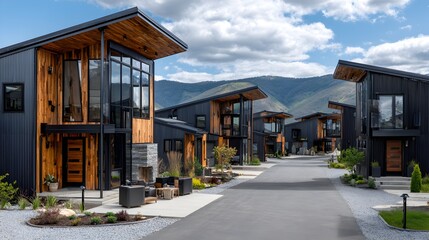 Modern homes line a street with stunning mountain backdrop creating a beautiful residential community view.