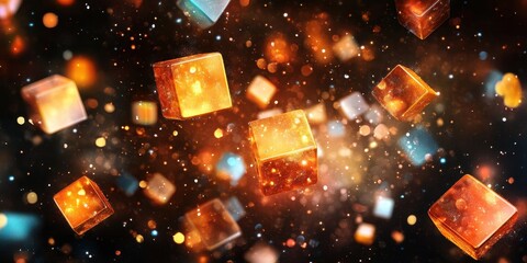 Abstract glowing orange and blue cubes floating in a dark cosmic background with bokeh celebration