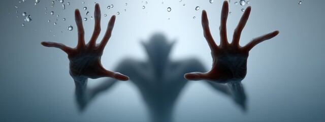 Silhouette of a monster behind frosted surface with hands pressed against glass during dark atmospheric setting