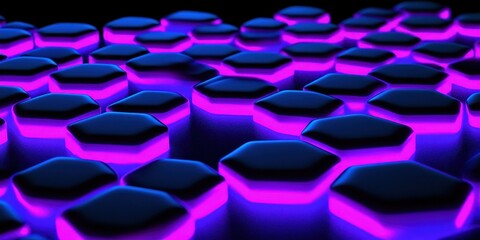 Obraz premium Abstract Hexagonal Grid Illuminated With Neon Purple And Blue Light background pattern