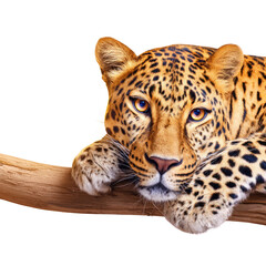 Majestic leopard resting on a branch, showcasing its striking coat and piercing gaze in a natural habitat setting