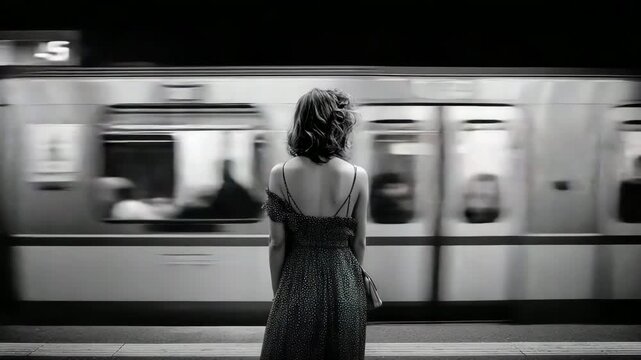 Woman stands on subway platform as underground train rushes by, blurred motion effect. Girl silhouette movement. Black white urban energy. Town travel, city life. Person waiting for metro on Perreon.