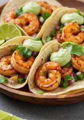 Three Shrimp Tacos with Avocado Crema and Lime