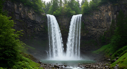 Twin waterfall forest cliff Nature background, lush greenery rocky cascade wallpaper, scenic landscape backdrop
