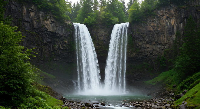 Twin waterfall forest cliff Nature background, lush greenery rocky cascade wallpaper, scenic landscape backdrop
