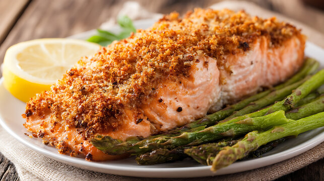 Baked salmon fillet with breadcrumbs served with asparagus and lemon on a plate on a rustic wood table.