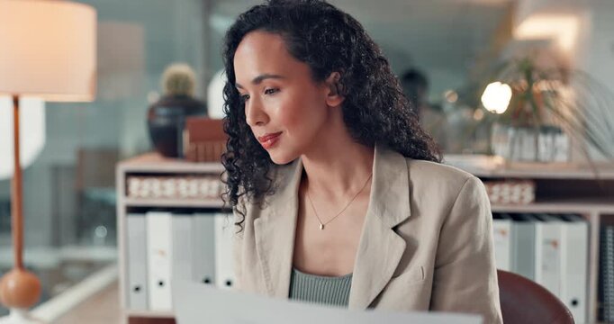 Documents, reading and planning with business woman in office for tax filing, night and budget report. Accounting audit, payroll paperwork and financial review with person for submission deadline